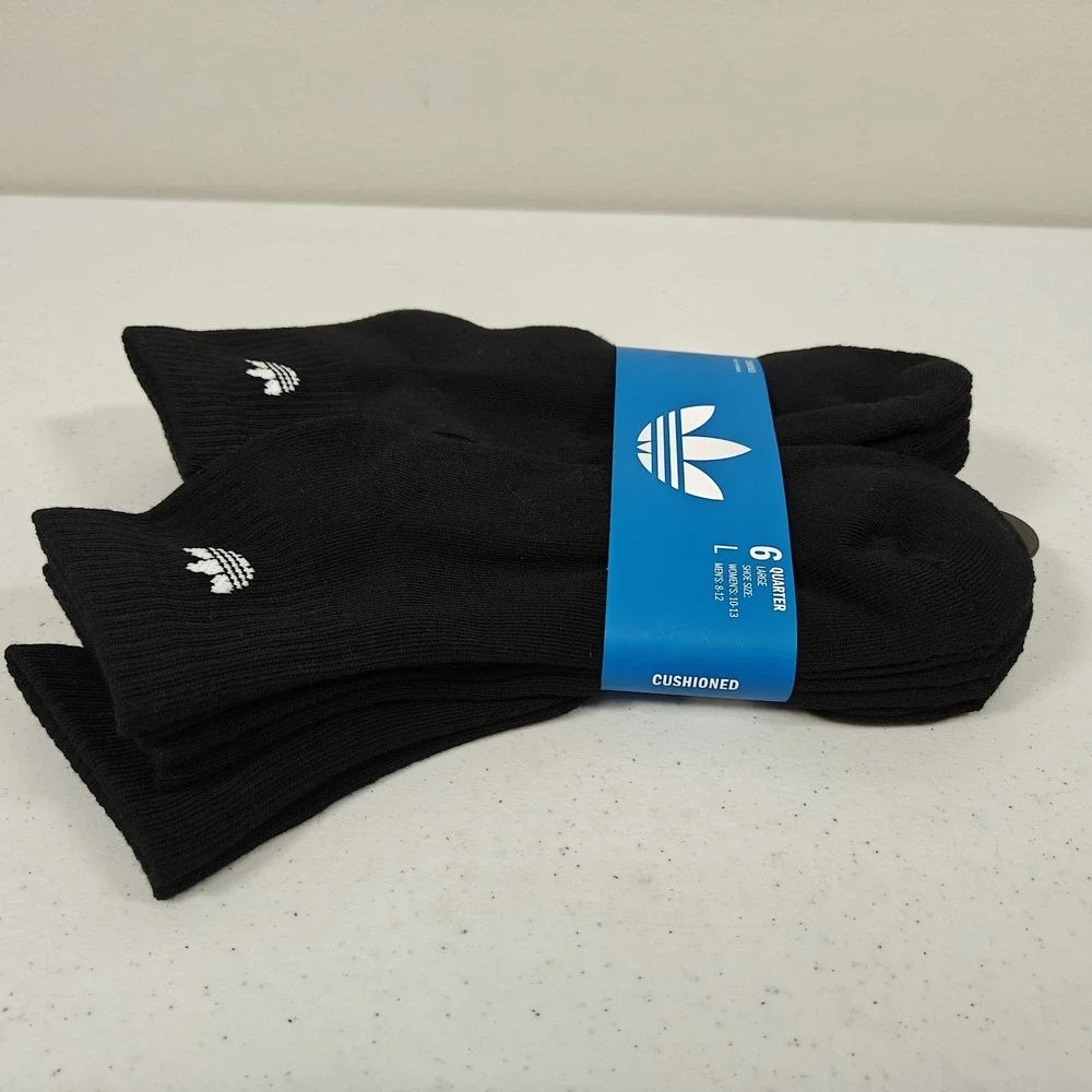 Adidas Originals Trefoil Cushioned Quarter Socks 6 Pair Black Men's L 6-12 New